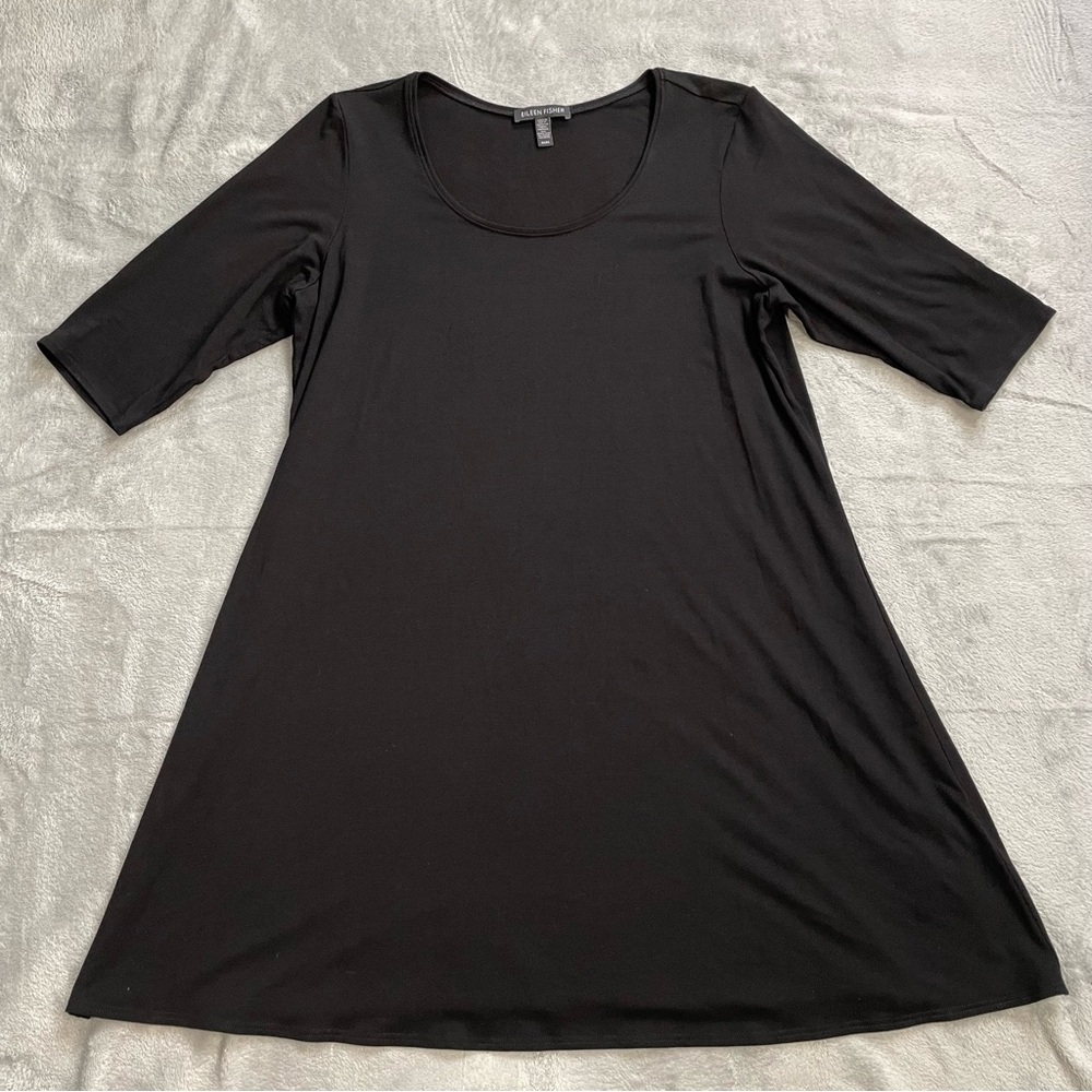 Eileen Fisher Tunic Top Medium Viscose Jersey Elbow Sleeve Black Minimalist